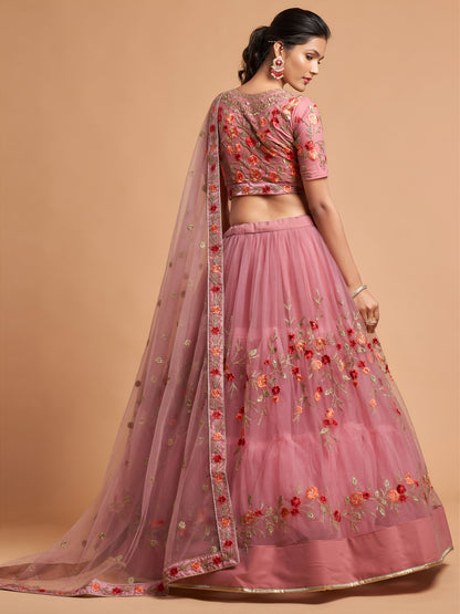 Dusty Pink Thread Embroidered Net Wedding Wear Lehenga Choli