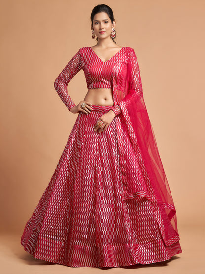 Hot Pink Thread Embroidered Net Party Wear Lehenga Choli