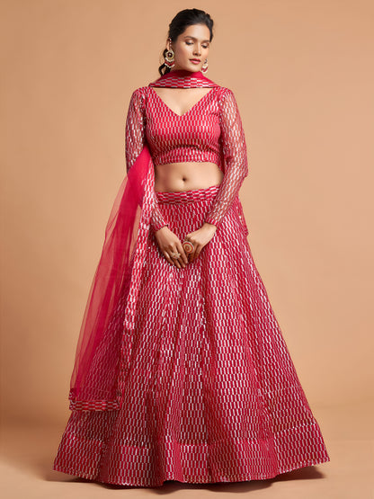 Hot Pink Thread Embroidered Net Party Wear Lehenga Choli