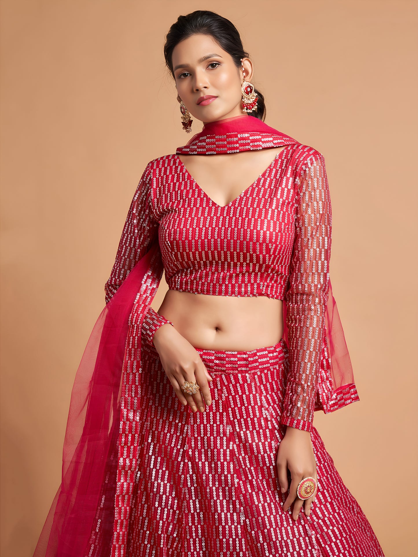 Hot Pink Thread Embroidered Net Party Wear Lehenga Choli