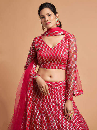 Hot Pink Thread Embroidered Net Party Wear Lehenga Choli