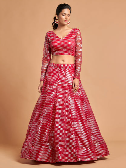 Hot Pink Thread Embroidered Net Party Wear Lehenga Choli