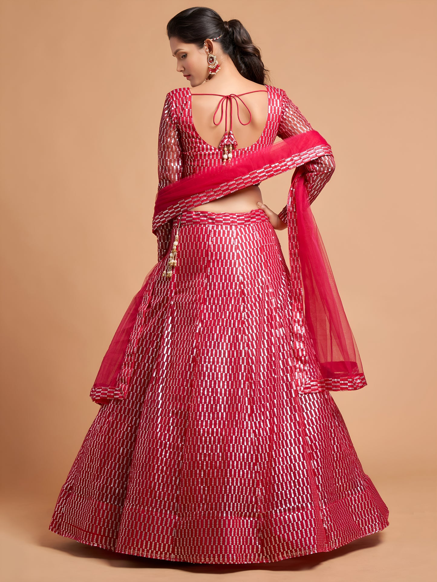 Hot Pink Thread Embroidered Net Party Wear Lehenga Choli