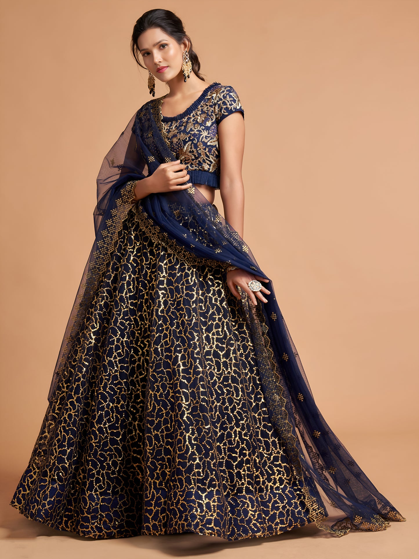Navy Blue Thread Embroidered Net Wedding Wear Lehenga Choli