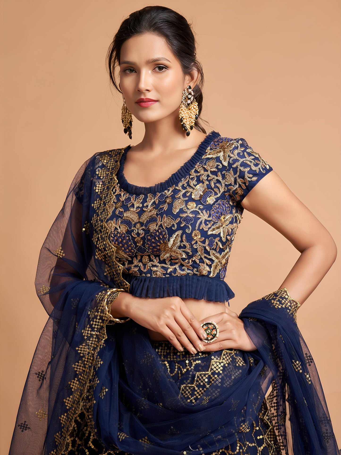 Navy Blue Thread Embroidered Net Wedding Wear Lehenga Choli