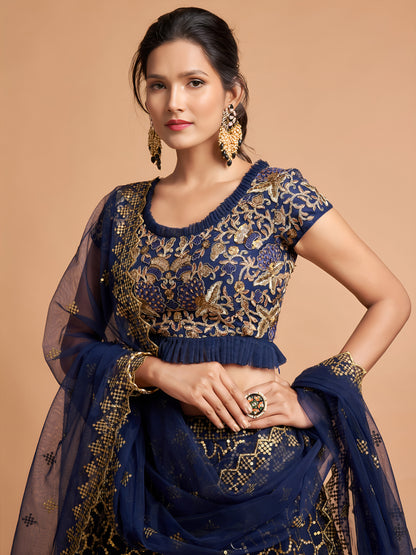 Navy Blue Thread Embroidered Net Wedding Wear Lehenga Choli