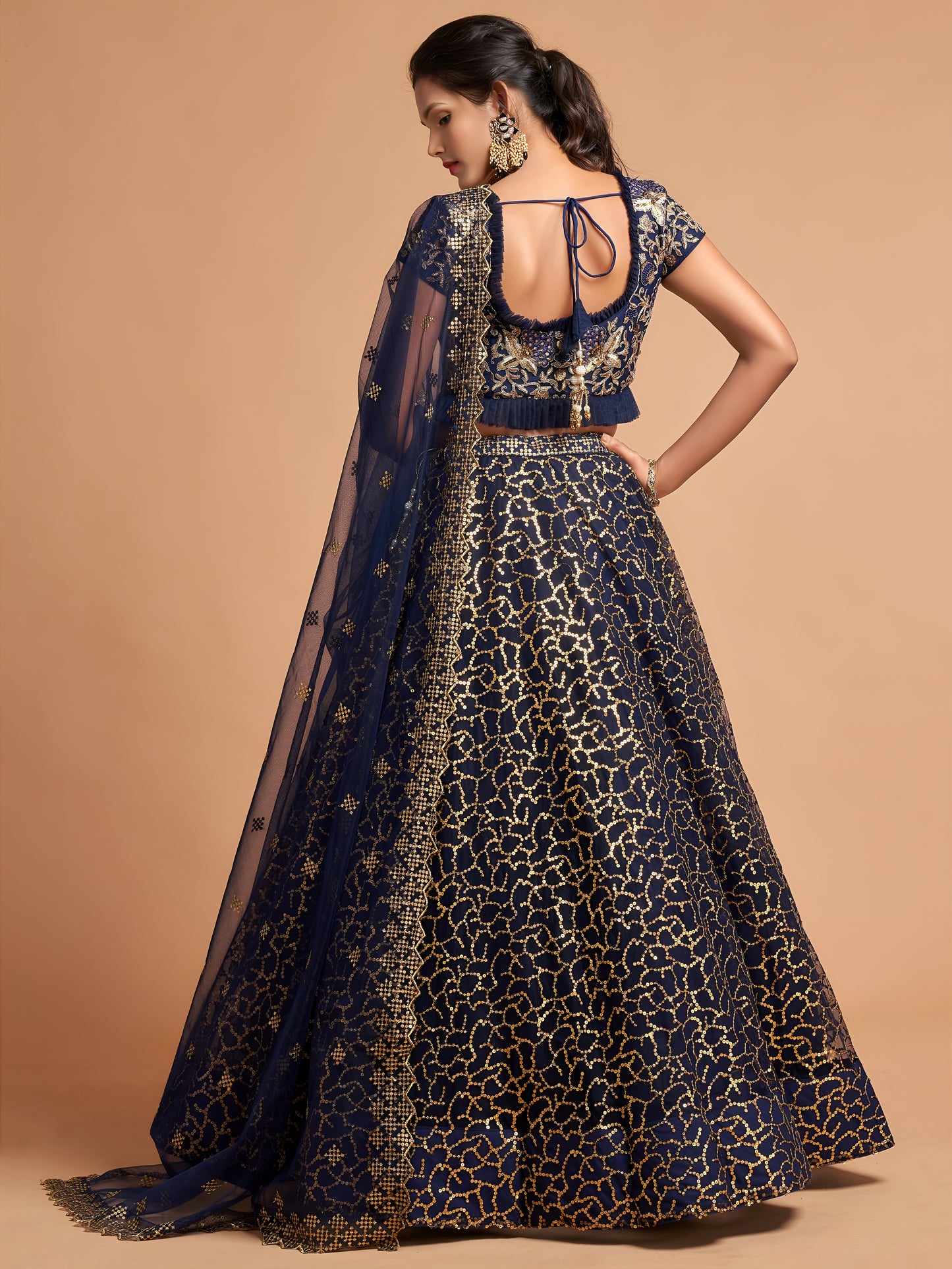 Navy Blue Thread Embroidered Net Wedding Wear Lehenga Choli
