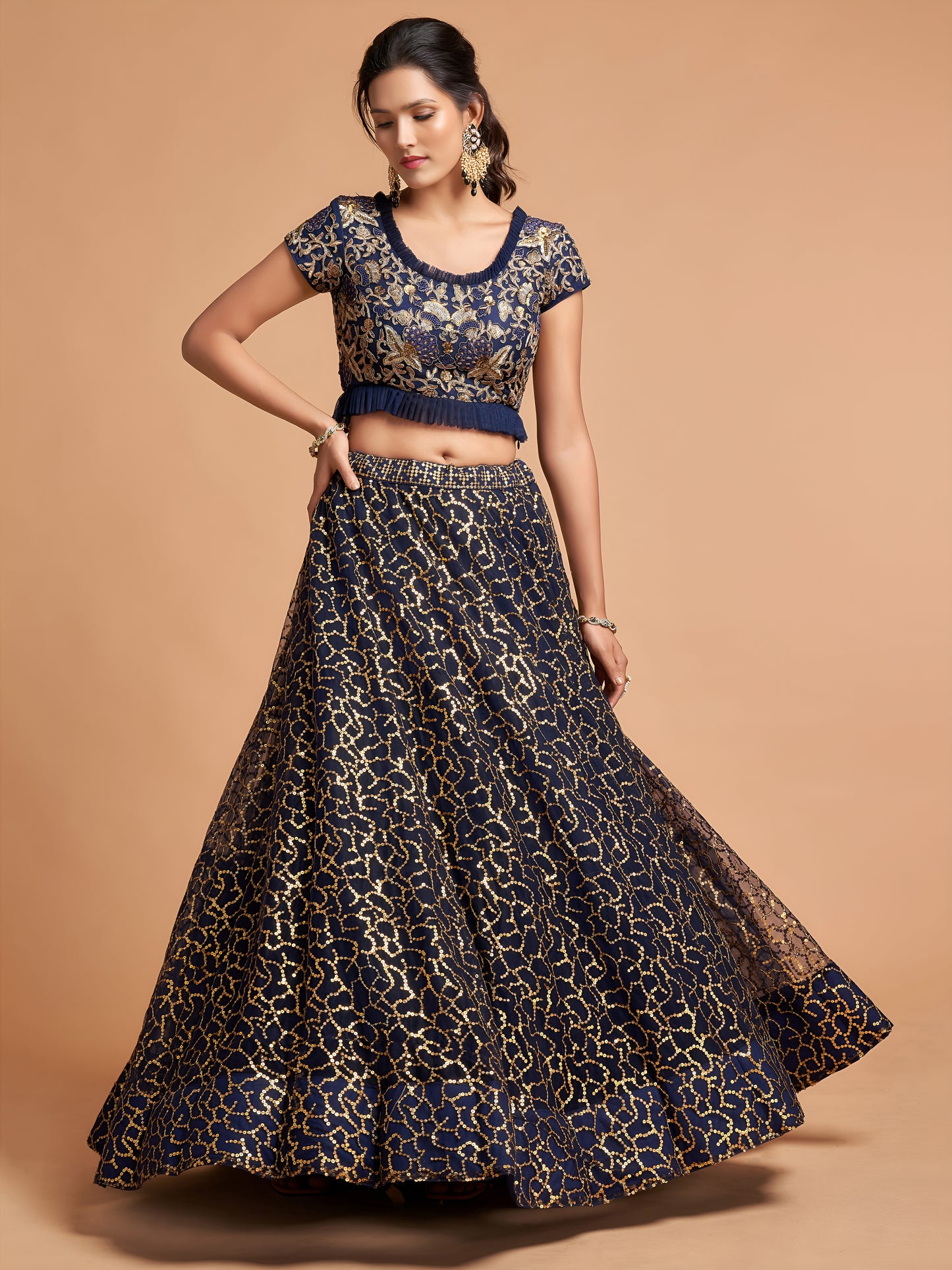 Navy Blue Thread Embroidered Net Wedding Wear Lehenga Choli