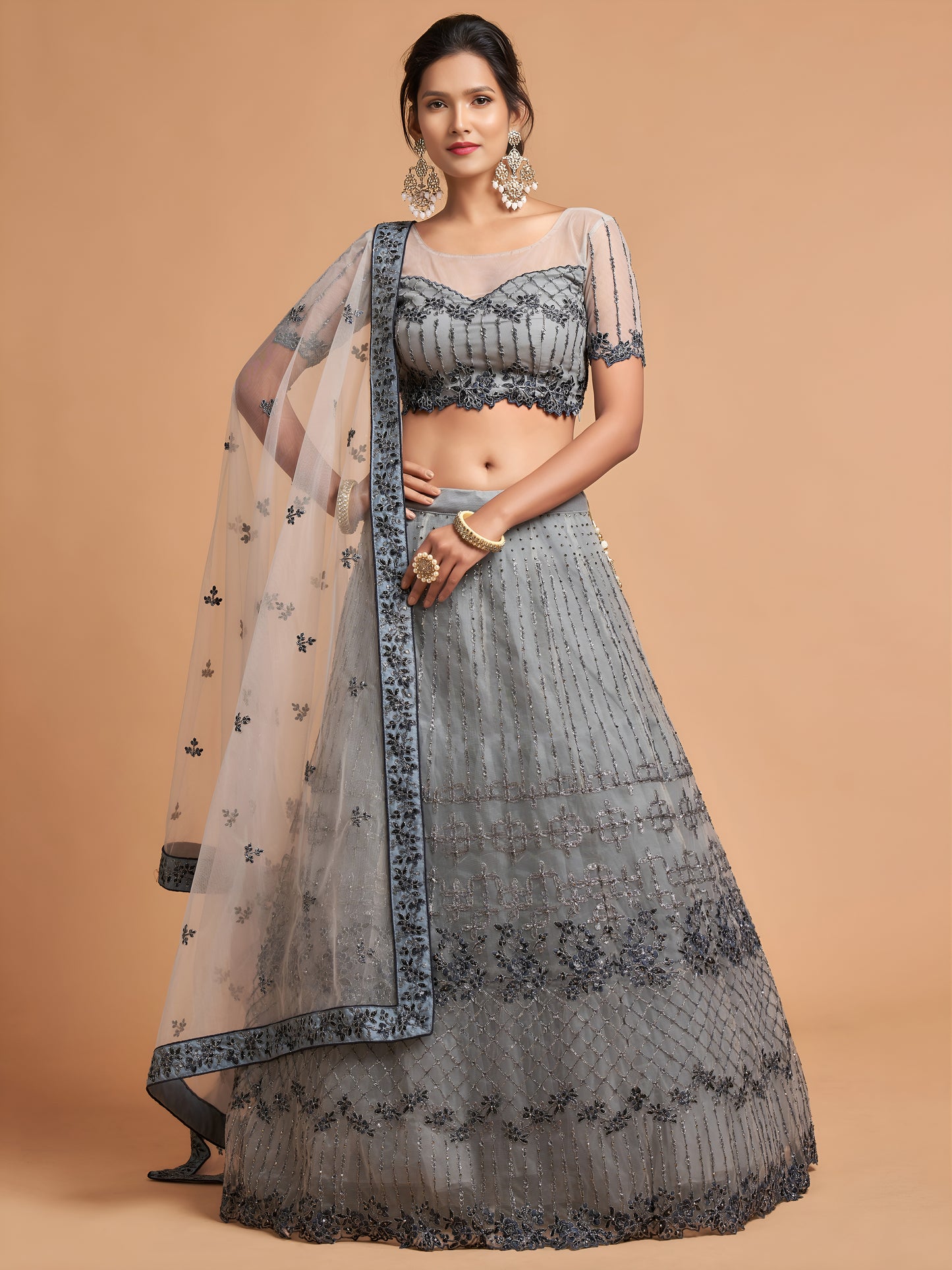 Unique Grey Dori Thread Embroidered Net Wedding Lehenga Choli