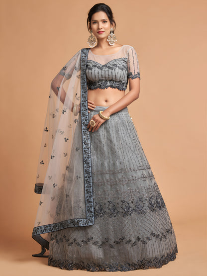Unique Grey Dori Thread Embroidered Net Wedding Lehenga Choli
