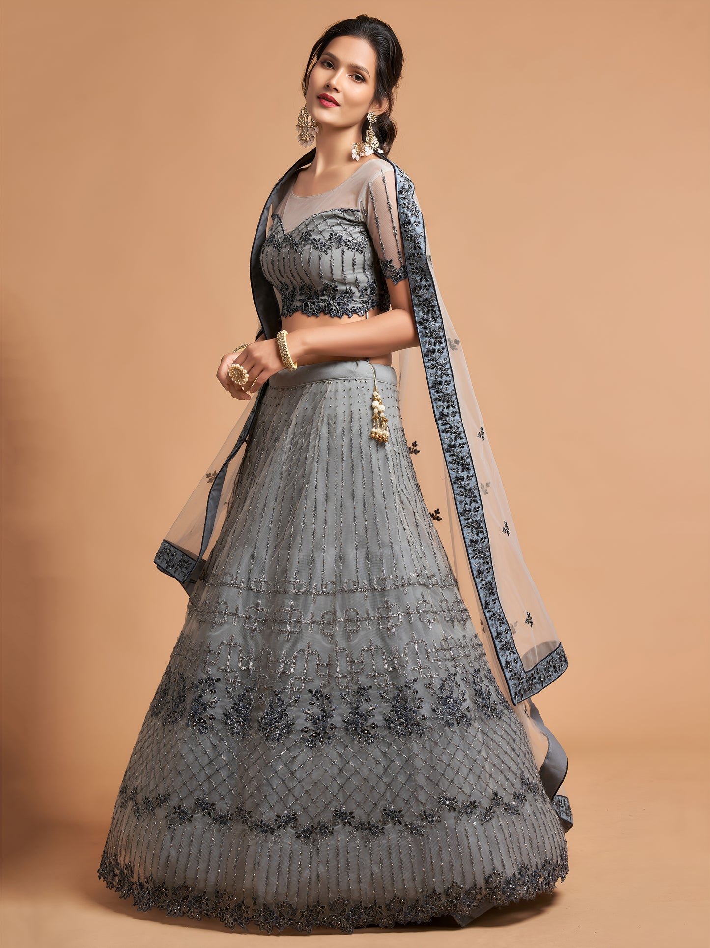 Unique Grey Dori Thread Embroidered Net Wedding Lehenga Choli