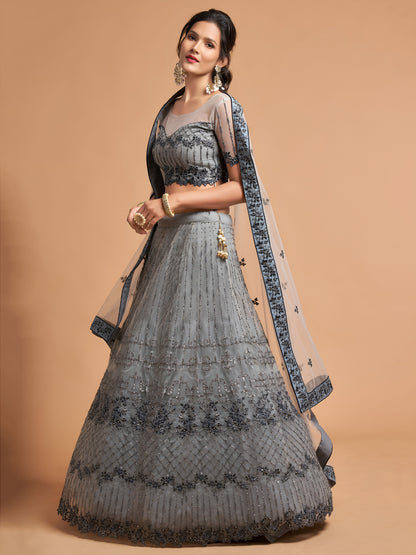 Unique Grey Dori Thread Embroidered Net Wedding Lehenga Choli