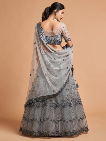 Unique Grey Dori Thread Embroidered Net Wedding Lehenga Choli
