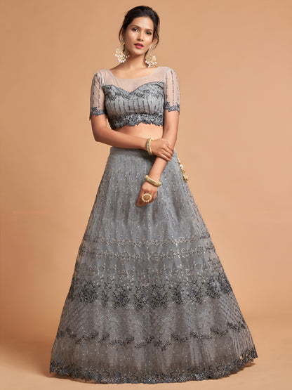 Unique Grey Dori Thread Embroidered Net Wedding Lehenga Choli