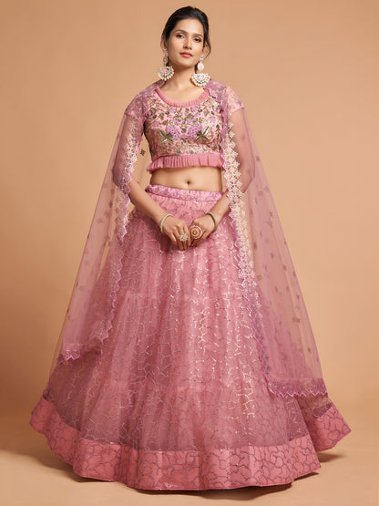 Blush Pink Dori Thread Embroidered Net Wedding Lehenga Choli
