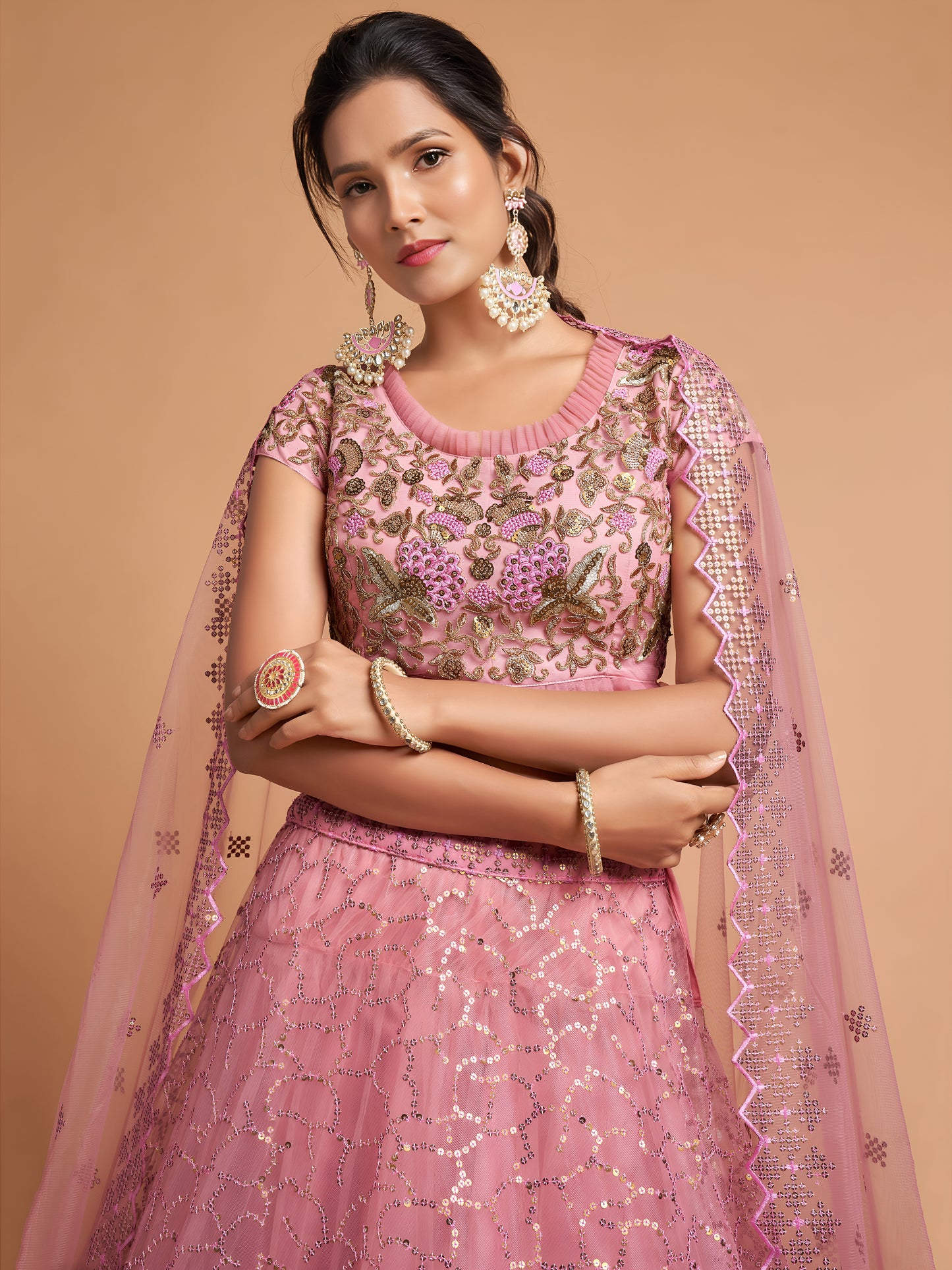 Blush Pink Dori Thread Embroidered Net Wedding Lehenga Choli