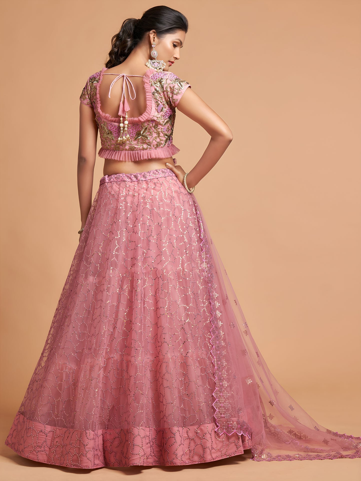 Blush Pink Dori Thread Embroidered Net Wedding Lehenga Choli