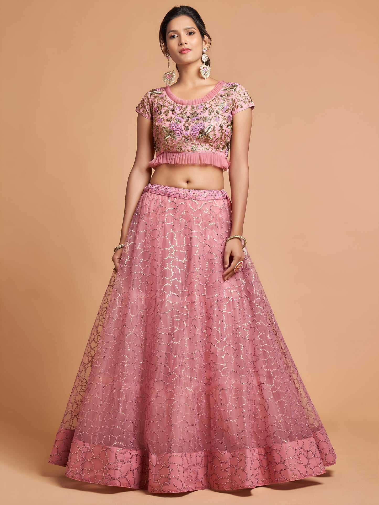 Blush Pink Dori Thread Embroidered Net Wedding Lehenga Choli