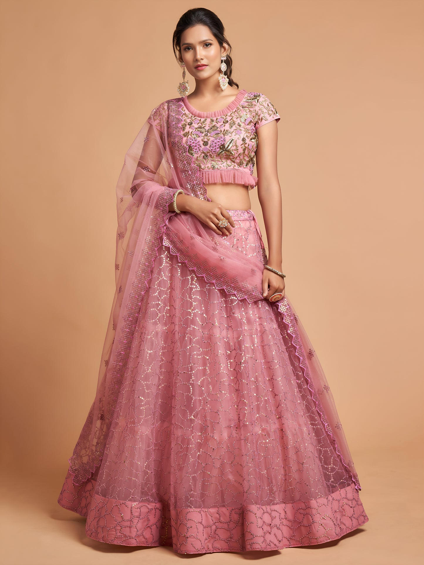 Blush Pink Dori Thread Embroidered Net Wedding Lehenga Choli
