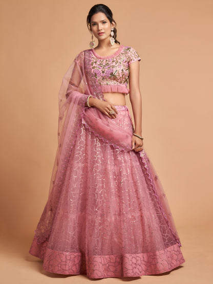Blush Pink Dori Thread Embroidered Net Wedding Lehenga Choli