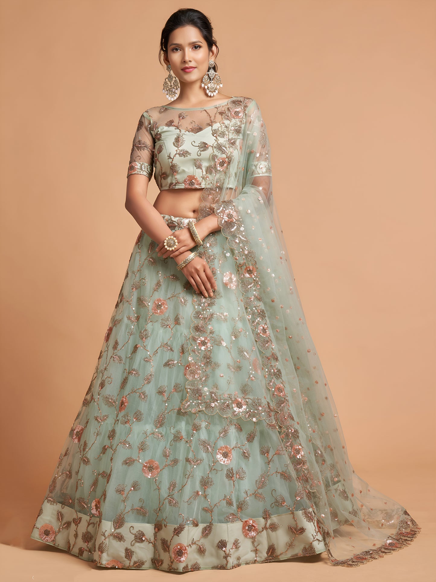 Pista Green Dori Thread Embroidered Net Wedding Lehenga Choli
