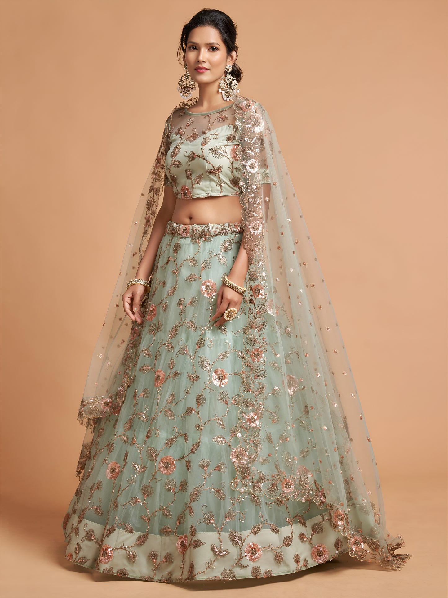 Pista Green Dori Thread Embroidered Net Wedding Lehenga Choli