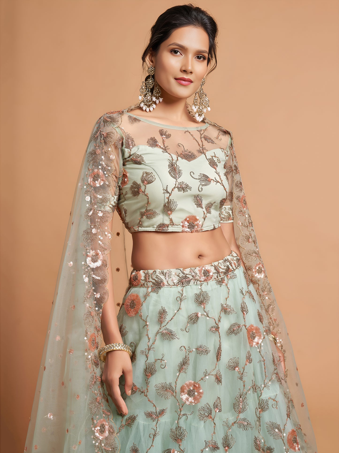Pista Green Dori Thread Embroidered Net Wedding Lehenga Choli
