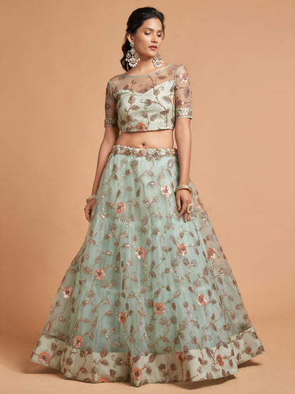 Pista Green Dori Thread Embroidered Net Wedding Lehenga Choli