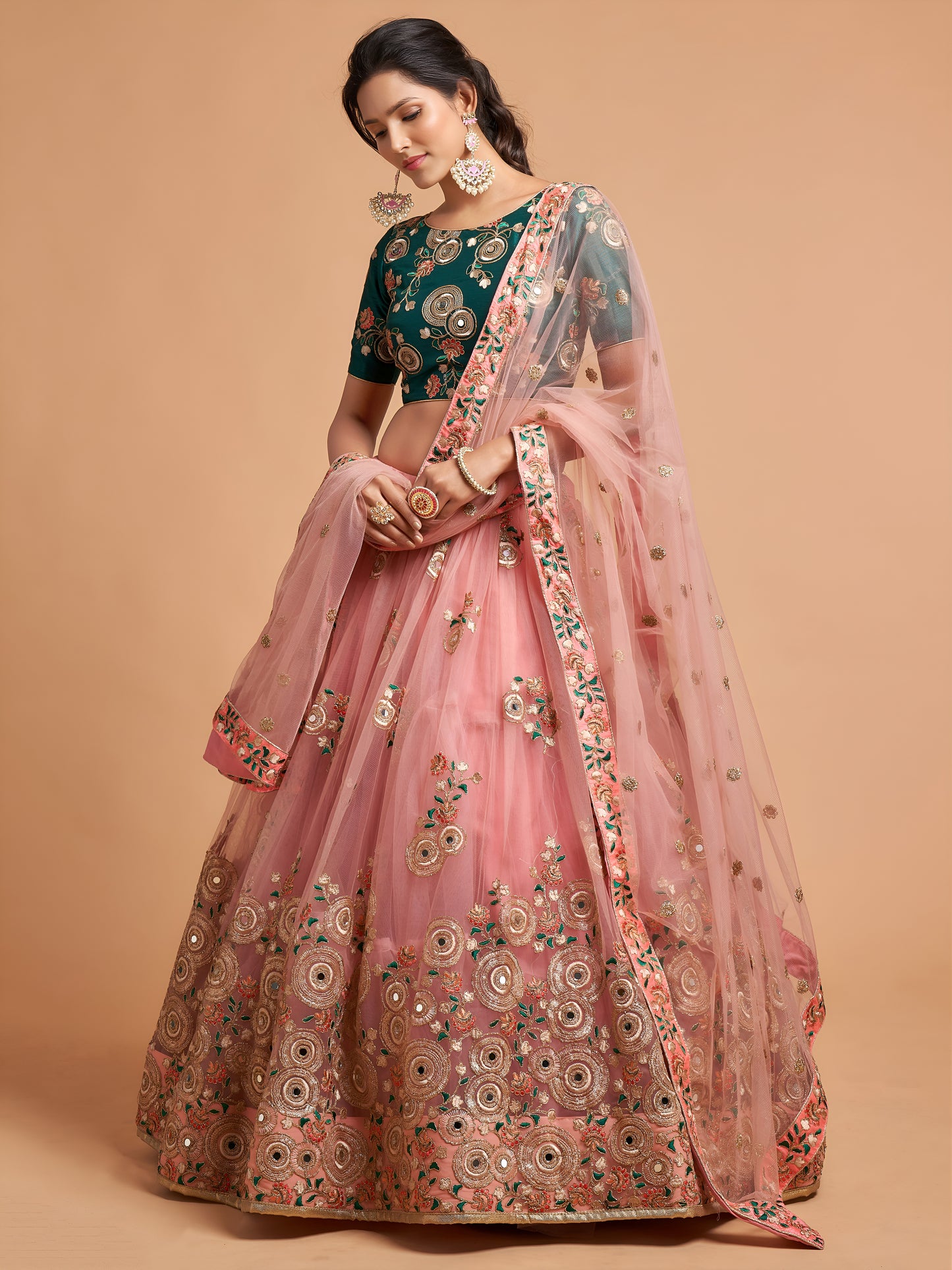 Peach Thread Embroidered Net Party Wear Lehenga Choli