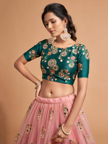 Peach Thread Embroidered Net Party Wear Lehenga Choli