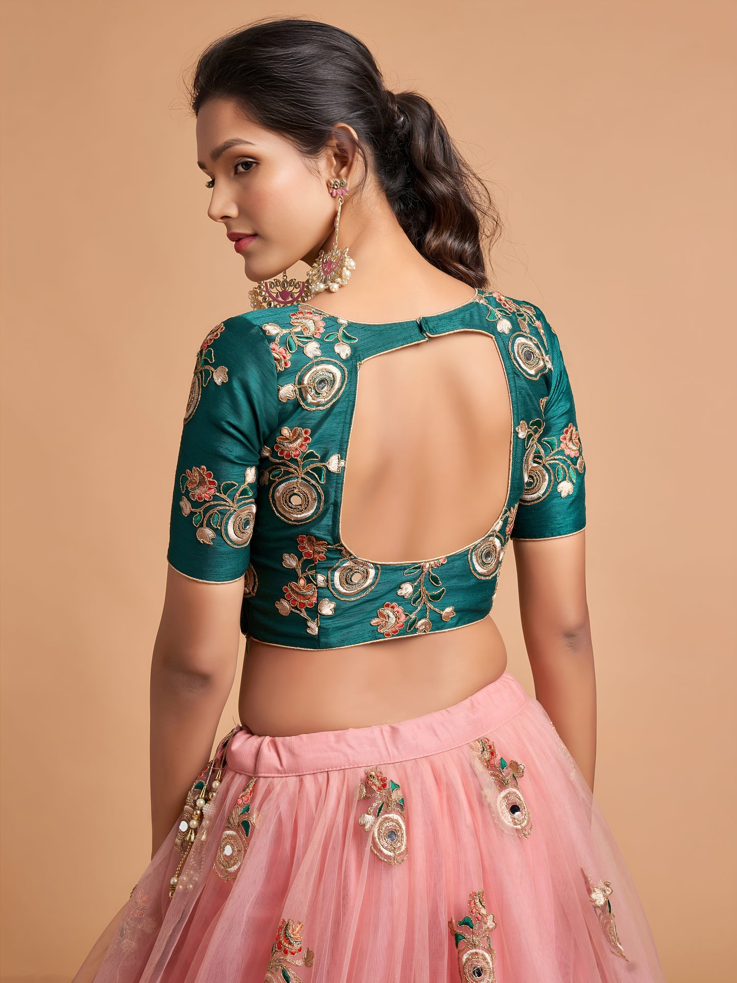Peach Thread Embroidered Net Party Wear Lehenga Choli