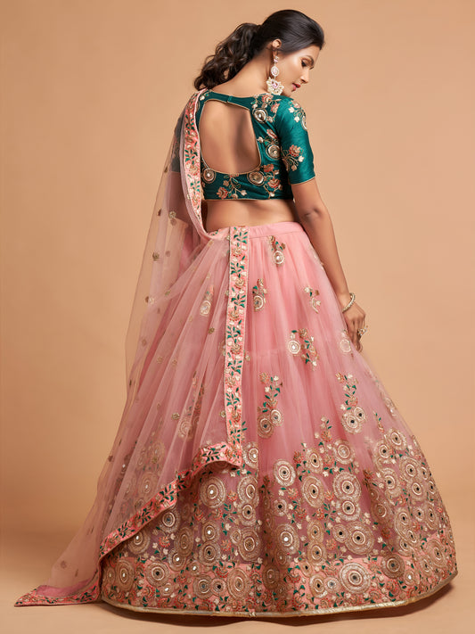 Peach Thread Embroidered Net Party Wear Lehenga Choli