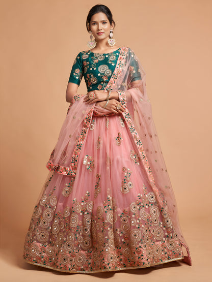 Peach Thread Embroidered Net Party Wear Lehenga Choli