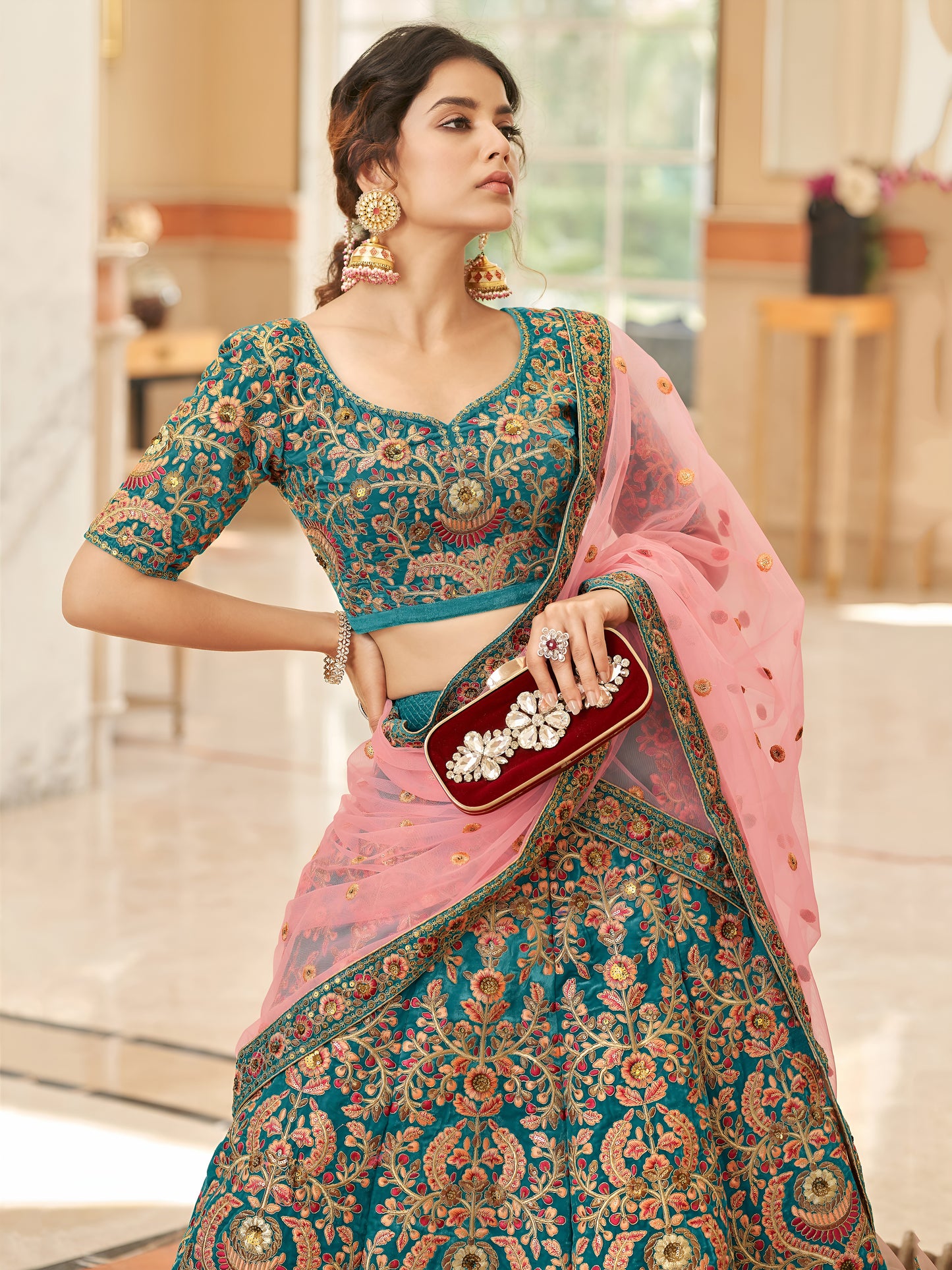Blue Heavy Embroidered Velvet Bridesmaid Lehenga Choli