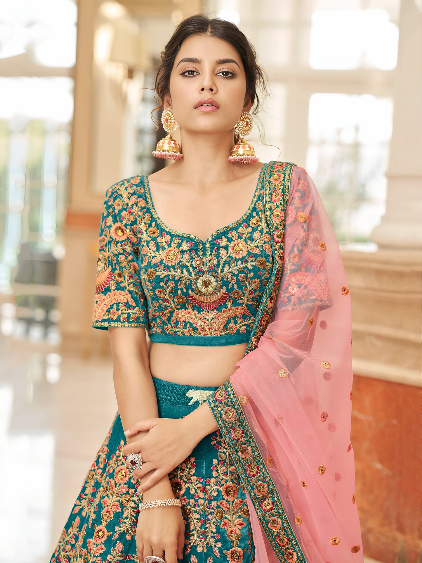 Blue Heavy Embroidered Velvet Bridesmaid Lehenga Choli