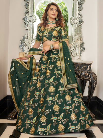 Green Thread Embroidery Art Silk Wedding Lehenga Choli