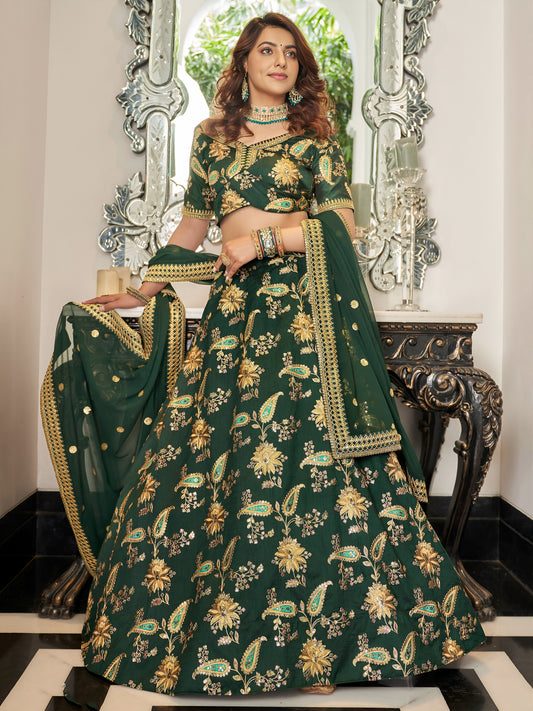 Green Thread Embroidery Art Silk Wedding Lehenga Choli