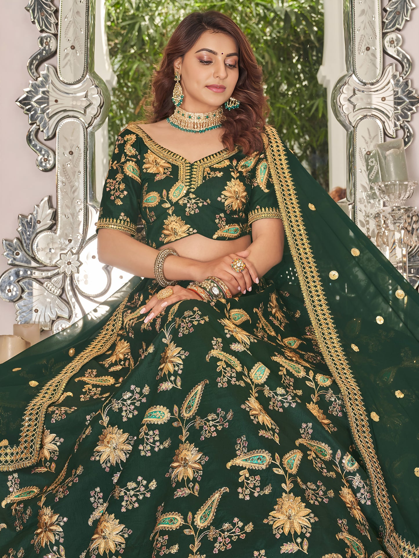 Green Thread Embroidery Art Silk Wedding Lehenga Choli