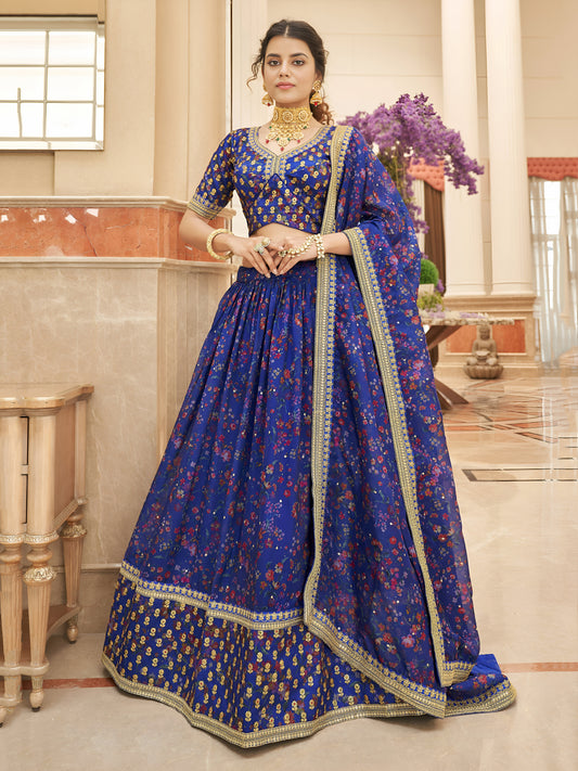 Blue Digital Printed Organza Engagement Wear Lehenga Choli