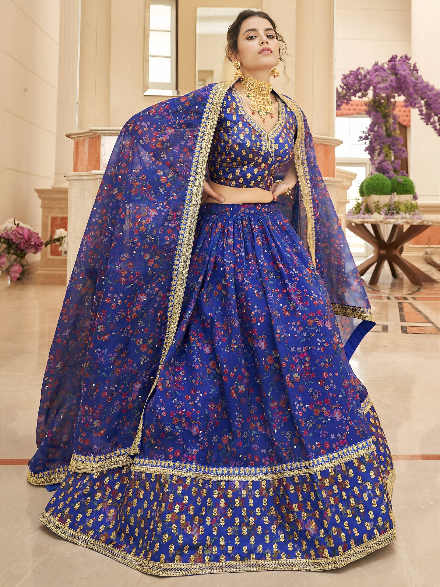 Blue Digital Printed Organza Engagement Wear Lehenga Choli