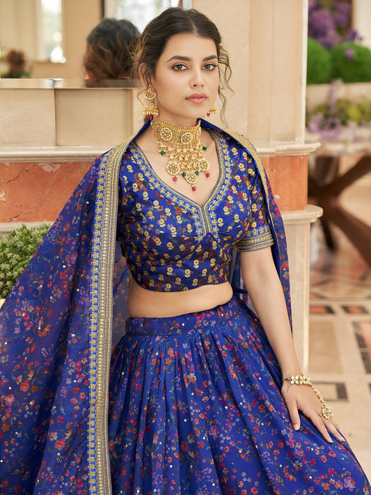 Blue Digital Printed Organza Engagement Wear Lehenga Choli