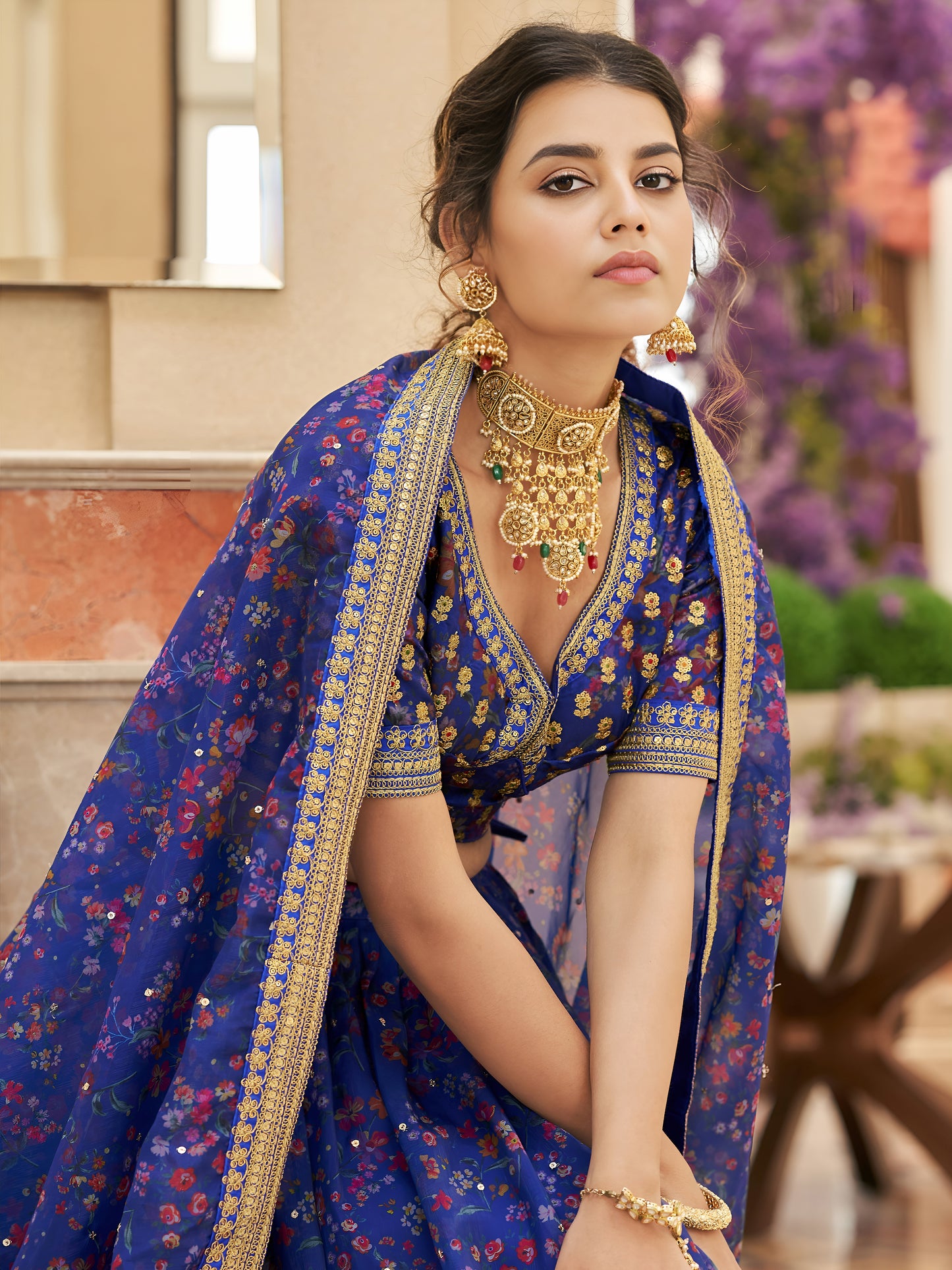 Blue Digital Printed Organza Engagement Wear Lehenga Choli