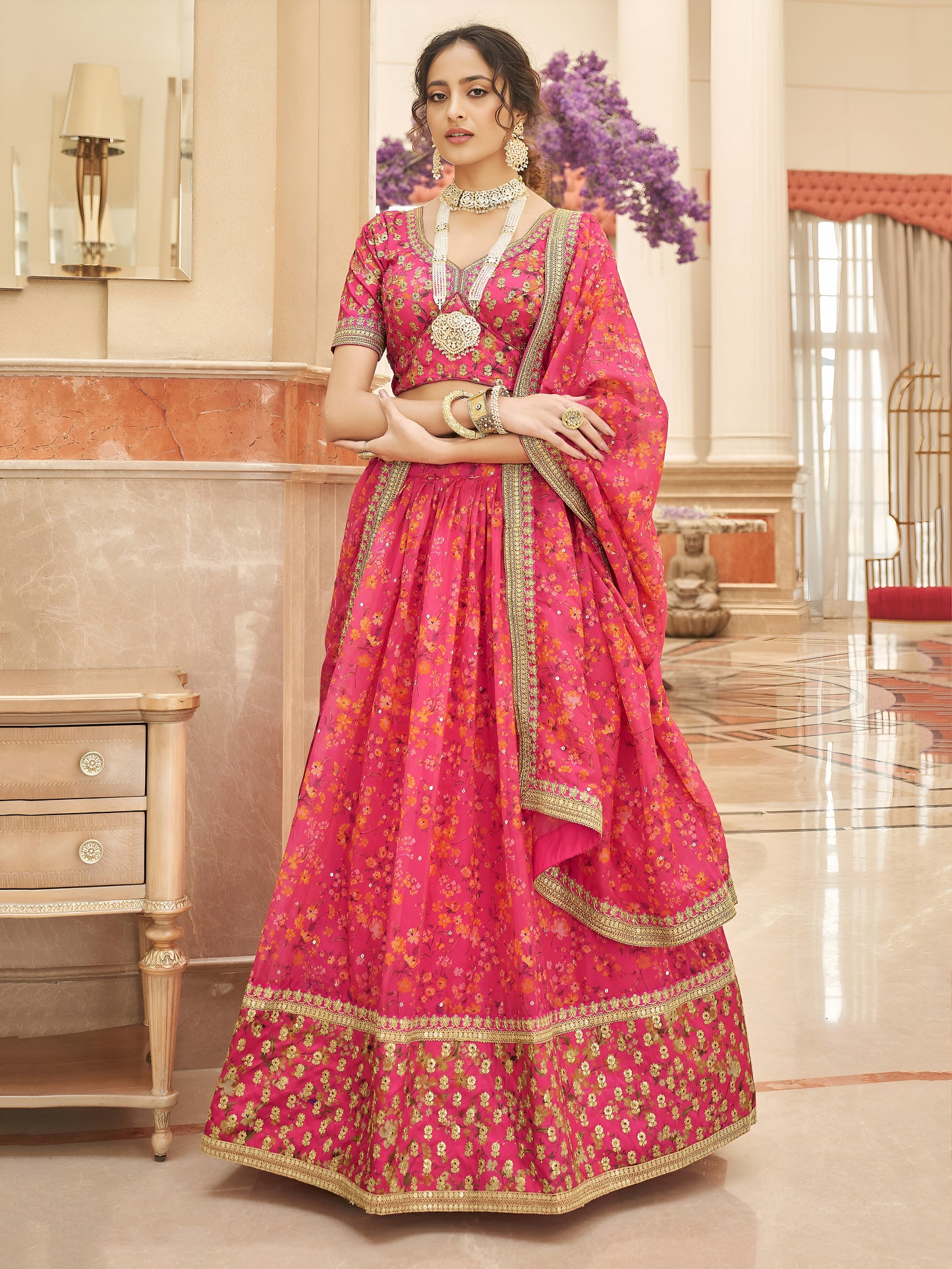 Pink Floral Printed Organza Reception Wear Lehenga Choli