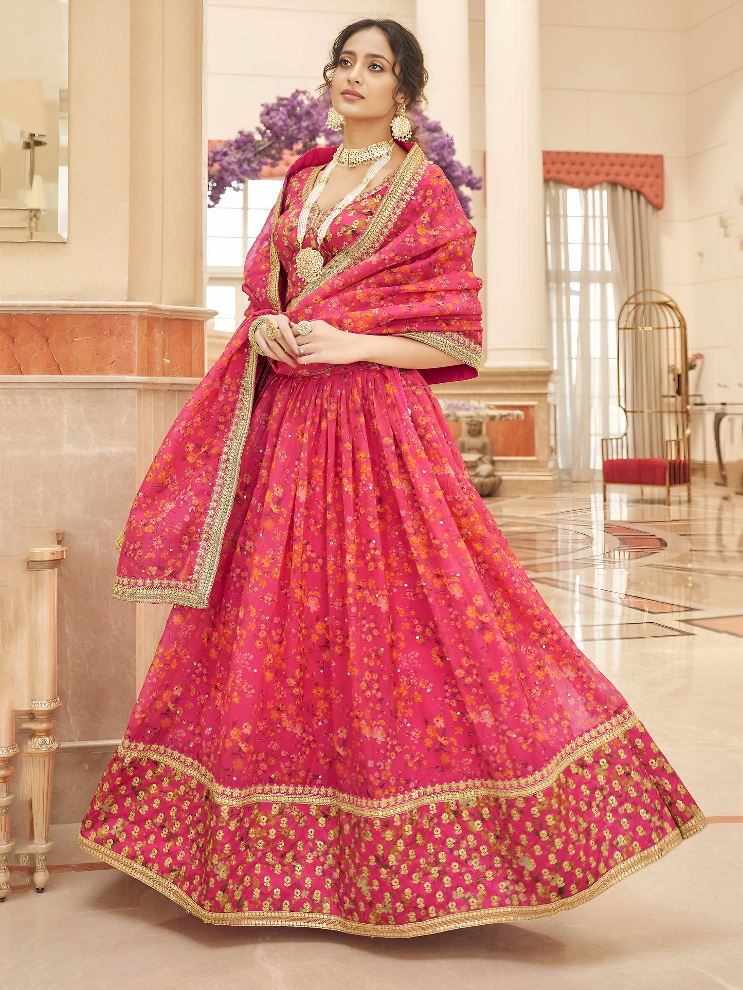 Pink Floral Printed Organza Reception Wear Lehenga Choli