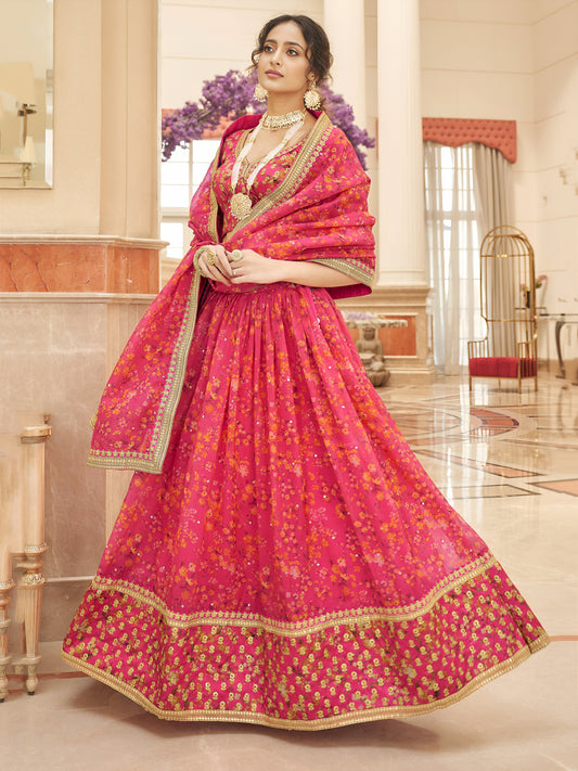 Pink Floral Printed Organza Reception Wear Lehenga Choli