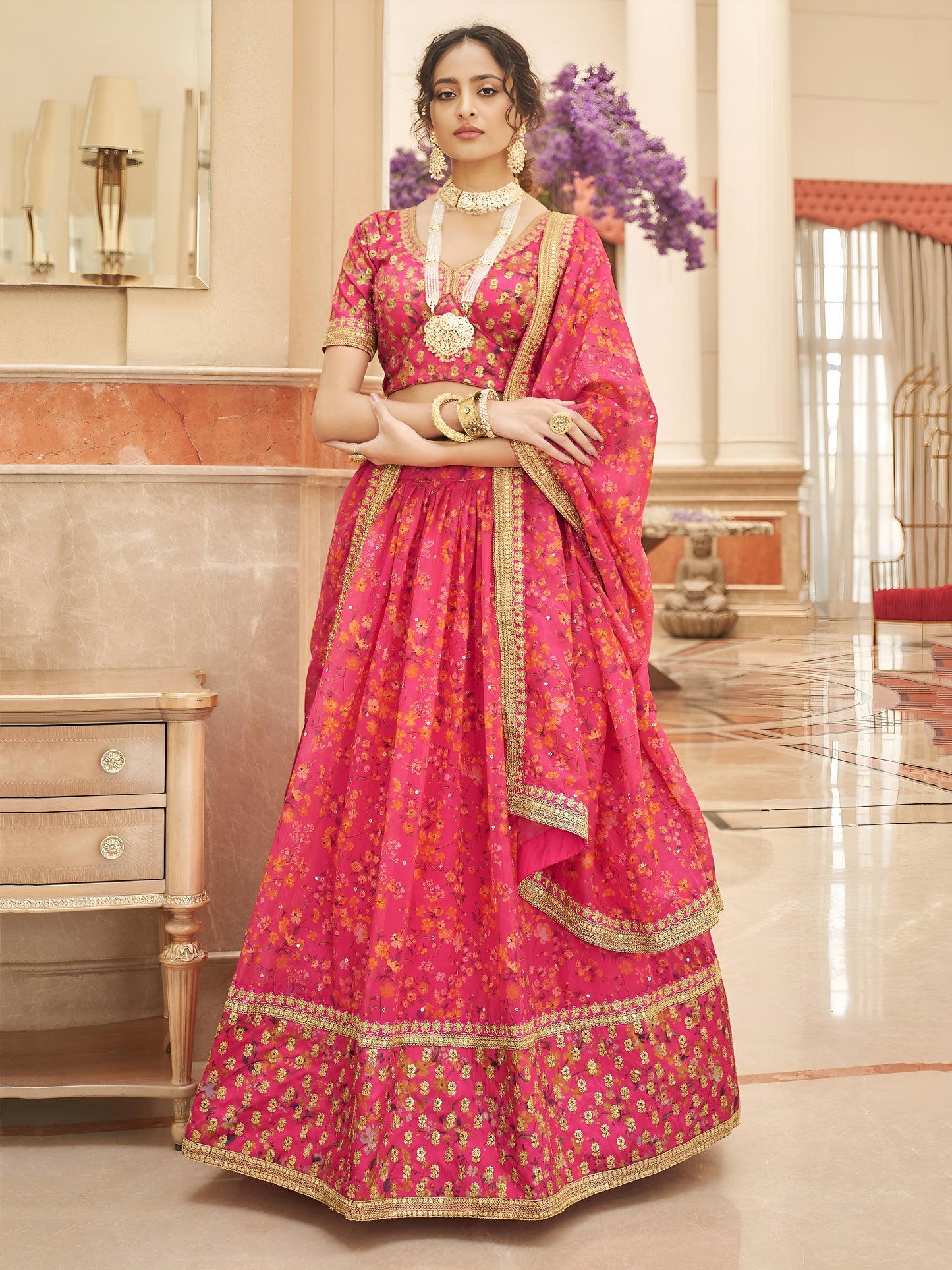 Pink Floral Printed Organza Reception Wear Lehenga Choli