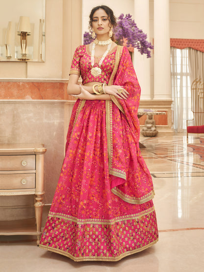 Pink Floral Printed Organza Reception Wear Lehenga Choli