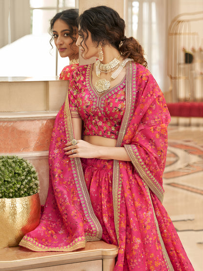 Pink Floral Printed Organza Reception Wear Lehenga Choli