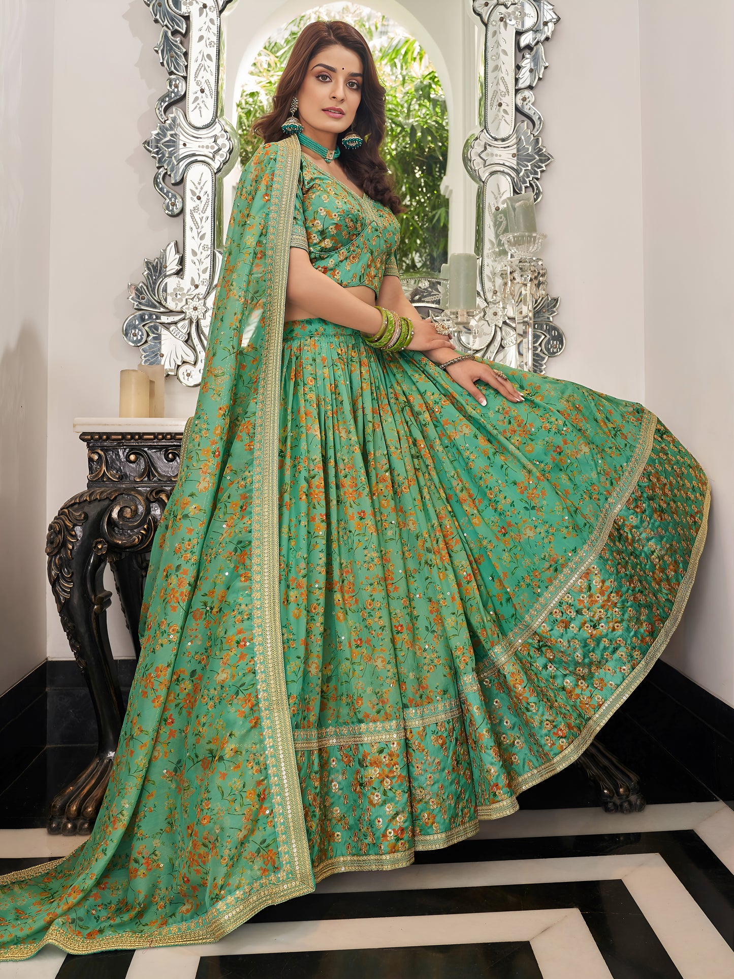 Green Embroidered Organza Function Wear Plus Size Lehenga Choli