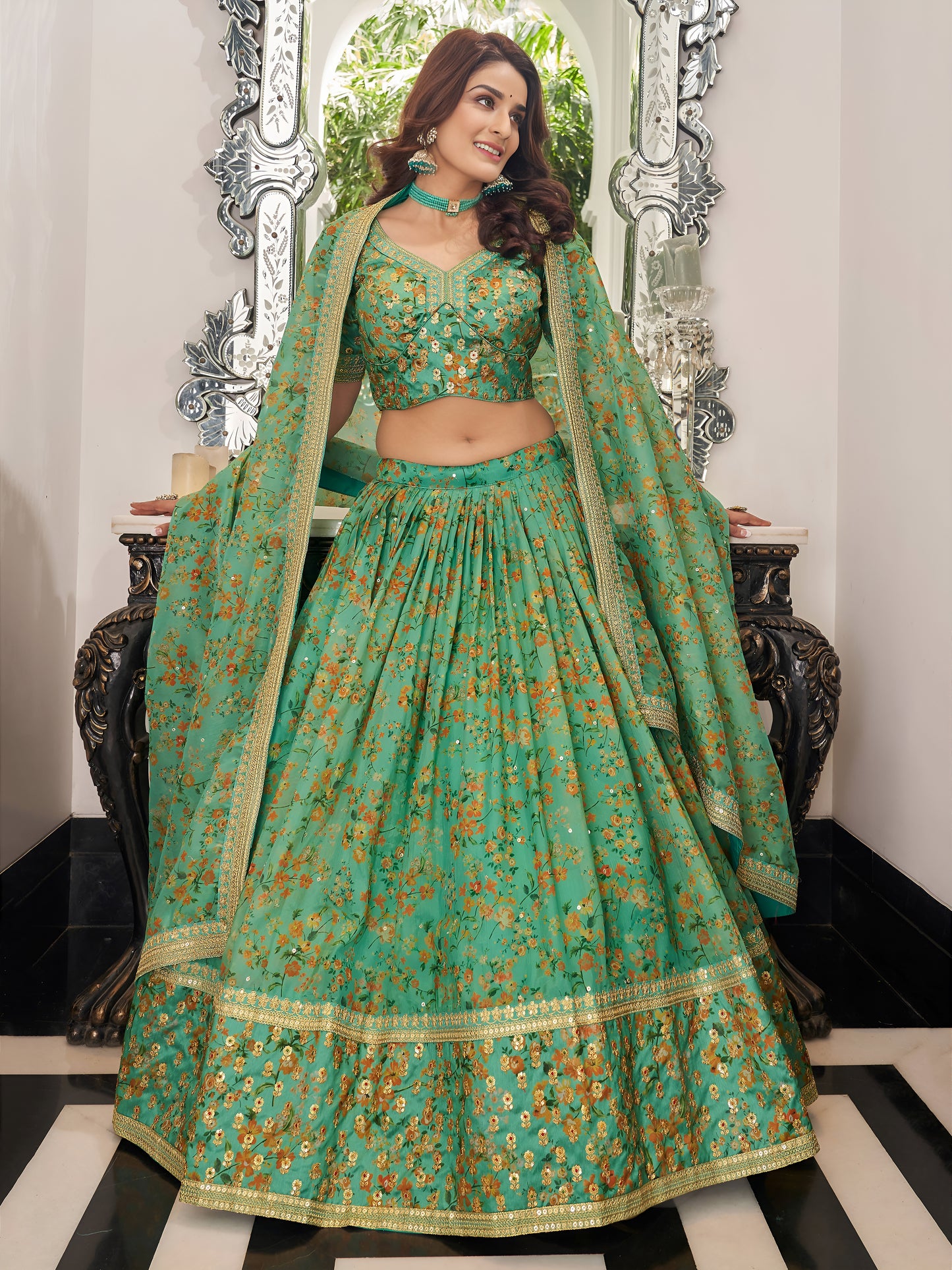 Green Embroidered Organza Function Wear Plus Size Lehenga Choli